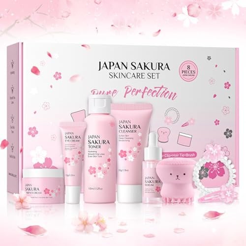 Kit per la Cura della Pelle Sakura 8 Pezzi,Include Pulizia,Toner,Crema,Siero,Siero Occhi, Pennello,Cravatta per capelli e clip,Set Skincare Viso Completo per Ragazze e Donne