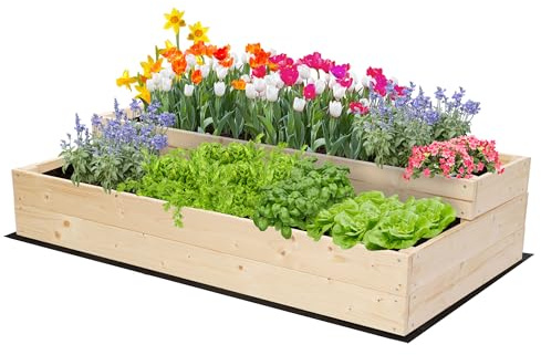 MODO24 Hochbeet Holz, 2-stufiger Pflanzkasten, Blumenkasten, Gemüsebeet, Kräuterbeet, Anzuchtkasten, mit Gartenvlies als Unterlage und Schrauben, Abmessungen 27x117x63 cm, Farbe: Natur imprägniert