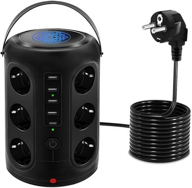 Ciabatta Elettrica Multipresa con 12 Prese Universali ITA 10/16A e Schuko e 5 USB (2 USB-C), 3M Torretta Multipresa Verticale Protezione Sovratensione, 2 Interruttori Indipendenti e Luce Notturna