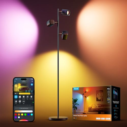 Govee Tree LED Floor Lamp, RGBWW 3-Head Focus Adjustable Standing Corner Lamp, Work with Matter Alexa, 64+ Scenes, Music Sync, 157cm Black Floor Lamps for Living Room, Bedroom, Reading Room