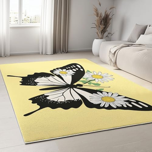 Generisch Gelb Teppich Schmetterling Chrysantheme gelb 140x200 cm Wohnzimmer Rutschfester Weicher Kurzflor-Teppich Muster Boden Dekoration Schlafzimmer Bodenmatte
