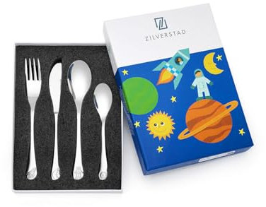Brillibrum Design Kinderbesteck 4er Set aus Edelstahl Spühlmaschinenfest mit Namen Besteck mit Motiven Kinder Besteck Set (Weltall, Ohne Gravur)