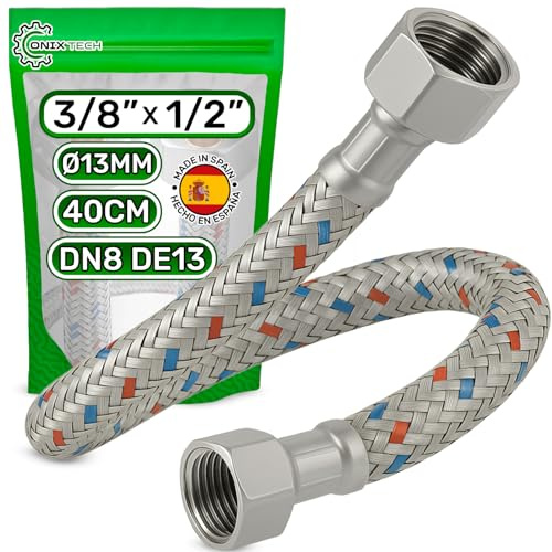 Panzerschlauch 40 cm Innengewinde 3/8x1/2 zoll DN8 DE13 Temperatur max 70°C | Flexschlauch Hergestellt aus Edelstahl Betriebsdruck 10 bar - Garantie 5 Jahre - MADE IN SPAIN - ONIX TECH