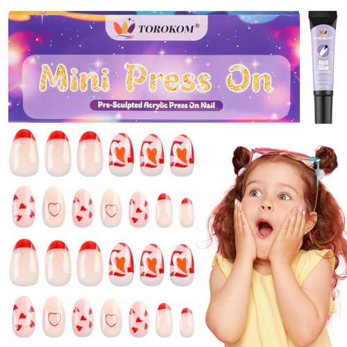 TOROKOM Kids Fake Nails with Nail Glue - 26 Pieces Press on Nails for Kids, Full Cover Short False Nails for Girls for Birthday, Party, Christmas (Nude&Red French)