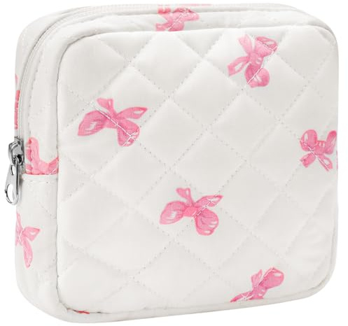 ZLFSRQ Small Quilted Makeup Bag for Purse Mini Quilted Pouch Cute Cotton Zipper Makeup Bag with Compartments Aesthetic Cosmetic Bags for Women Coquette Travel Toiletry Bags Lipstick Pouch, White Bow