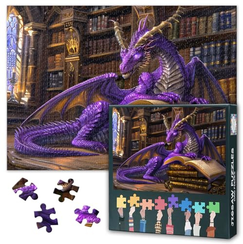 1000 Pieces Jigsaw Puzzles for Adults -Enchanting Purple Dragon in Mystical Library, 50 x 70cm Collectors Edition Puzzle,Fantasy Art Scene with Ancient Books Magic and Mythical Wonder Challenging Art