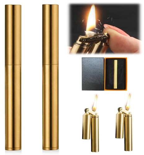 Vintage Messing Feuerzeug 2PCS, KerosinFeuerzeug Windproof Feuerzeug Gas Nachfüllbar Einstellbare Jet Flamme Faltbare Tragbare MiniFeuerzeug für Kerze Küche Camping Geschenk für Männer Vater