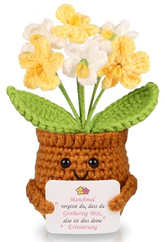 WenmthG Gestrickte Gelbes Vergissmeinnicht Deutsch Glücksbringer Anti Stress Kleines Geschenk für Schwester Freundin Frauen Kollegen Freunde, Beste Freundin Geschenke Positive Kartoffel Deutsch Ersatz