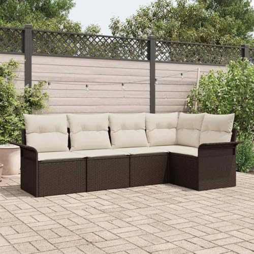 Holamys Gartensofa-Set, 5-teilig, Braun, Poly-Rattan, UV-beständig, modulare Outdoor-Lounge mit höhenverstellbarem Tisch und Stauraum für Terrasse, Balkon, Garten