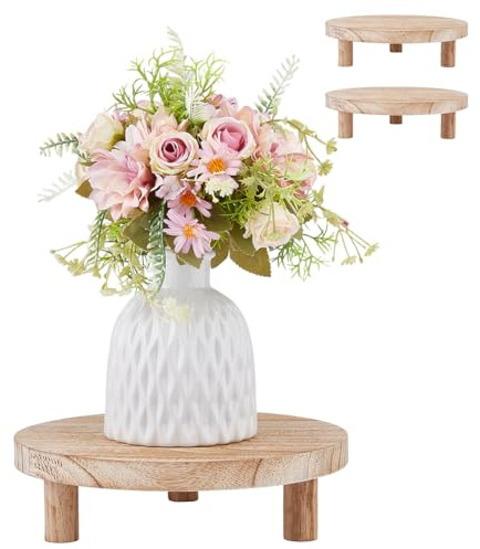 SUPERFINDINGS 2 Sets Wood Plant Stand 25cm Round Wooden Plant Stool Tan Wooden Riser Display Pedestal Low Flower Pot Holder for Indoor Outdoor Desktop Counter Room