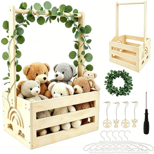 Babyparty Geschenk Holz Babykorb mit Griff, Babyparty Geschenk für Neugeborene, Praktischer Baby Schrank mit Kinder Kleiderbügel und Girlande, Personalisierte Baby Korb für Schwangere Neue Eltern