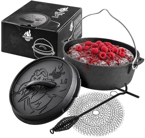 FEUERGOTT Dutch Oven Set 1,5 l ohne Füße Gusseisen Feuertopf Schwarz mit Deckelheber Ringreiniger Outdoor Kochtopf für Grill Feuerstelle Camping BBQ Brot Schmoren Braten