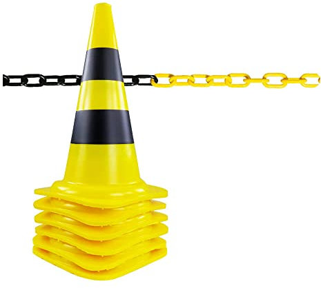 TMS PRO SHOP Leitkegel-Set Tag, 6 Pylonen, 10 m Kette, schwarz/gelb, 50 cm, Art.-Nr. 64055 | Leitkegel | Pylone | Markierungskegel