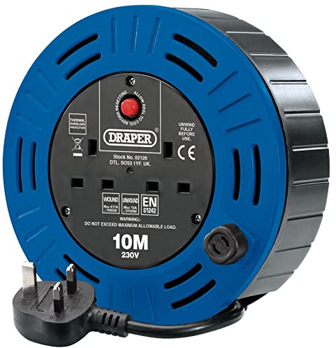 Draper 02126 Twin Socket Cassette Cable Reel Extension Lead with Winding Handle , Blue