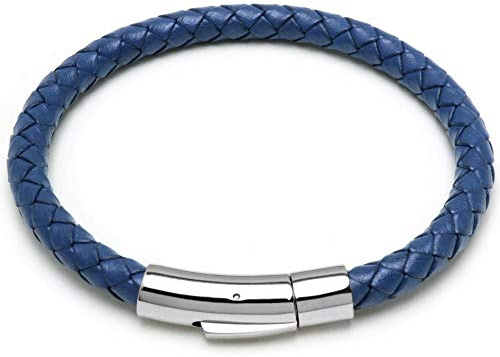 Schmuck-Checker Blaues Armband aus echtem Leder mit Edelstahl Verschluss geflochten 6mmØ hochwertiges Herrenarmband