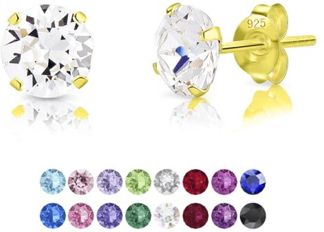 DTPsilver - Boucles d'oreilles/Clous en Argent Fin 925 Plaqué Or Jaune et Cristaux de Swarovski® Elements Ronds - Diamètre: 6 mm - Couleur: Cristal Clair
