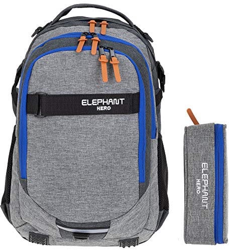 2 Teile Set Rucksack Elephant Signature Hero Schulrucksack 12723 + Mäppchen Box (Two Tone Grey-Blue (grau-blau))