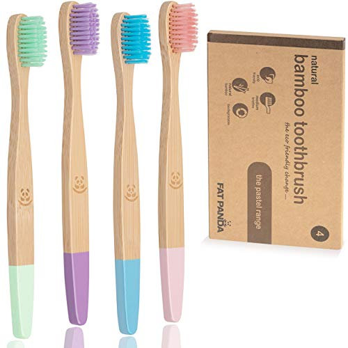 Bambus-Zahnbürsten, BPA-frei, mittlere Borsten, umweltfreundlich und biologisch abbaubar, recycelbare Öko-Zahnbürste für Kinder und Erwachsene, in kühlen Farben, 4 Stück