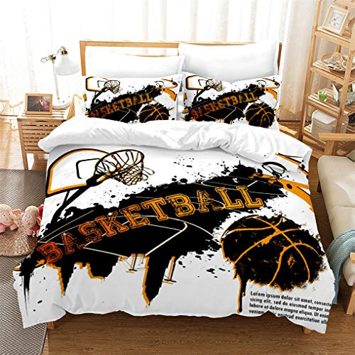 3D Basketball Bettbezug Kinder 135x200 Einzelbett Bettwäsche-Set Junge Teenager Sport Graffiti Gemalt Weiß Schwarz Bettbezug mit Reißverschluss ( 1 Bettbezug 135x200 cm + 1 Kissenbezug 80x80 cm)