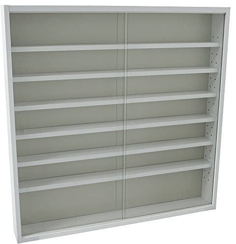 WATSONS REVEAL 6-Shelf Wall-Mounted Glass Display Cabinet – White Finish with Sliding Doors – Adjustable Collectible Storage