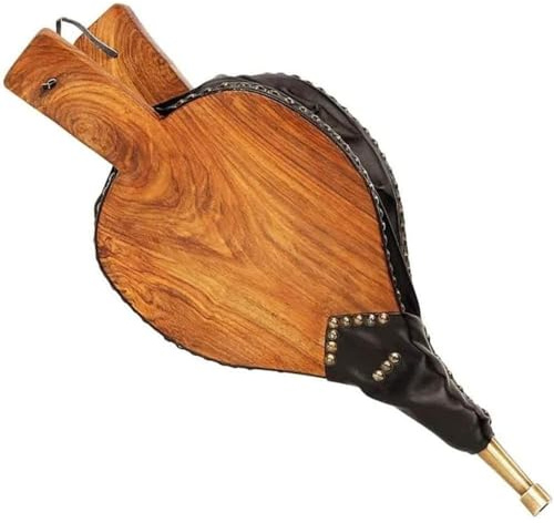 Oakestry Lodge Fireplace Bellows Hardwood & Leather Handheld Air Blower with Brass Nozzle Durable Wood Fire Starter for Indoor Outdoor Fireplaces BBQs & Campfires Black & Brass Design