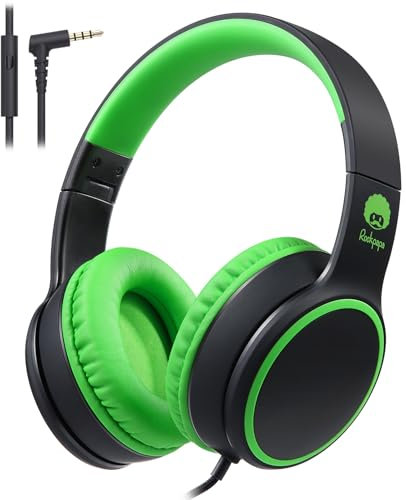 Rockpapa E9W Kids Headphones, Wired Head phones with Microphone for Kids, Adjustable Headband, Foldable Headphones for Travel/PC/Mac/Laptop/Phone (Black Green)