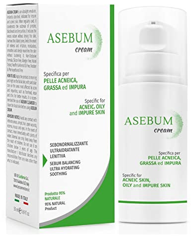 Asebum Cream | Crema Antiacne | Combatte Acne, Brufoli, Punti Neri| Crema Viso per la Pelle Grassa e Acneica| Elimina il Sebo | Effetto Opacizzante | 95% Naturale