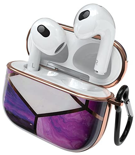 EAZY CASE - Schutzhülle für AirPods 3 Hülle Lila Hard Case Stoßfest mit Karabiner geeignet als Schlüsselanhänger Antikratz Etui rutschfest Hardcase für Airpod 3. Generation in Violett Marmor