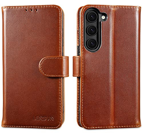 LENSUN Echtleder Hülle für Samsung Galaxy S23, Handyhülle [Echtes Leder] [Magnetverschluss] [RFID Schutz] Lederhülle Handytasche für Samsung Galaxy S23 5G - Dunkelbraun