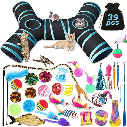YUTUY Katzenspielzeug Set mit Katzentunnel,39pcs Katzenspielzeug mit Katzentunnel,Interaktives Katzen Spielzeug für Kätzchen,Spielzeugmäuse Spielzeug Variety Pack für Kitty Katzen