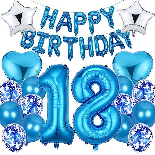 Ouceanwin Luftballon 18. Geburtstag Deko Jungen, Blau Geburtstagsdeko 18 Jahre Junge, Folienballon Happy Birthday Deko 18. Geburtstag Kinder, Ballons 18. Geburtstags Dekoration Set
