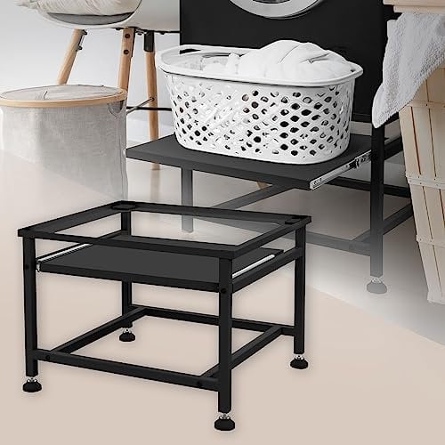 ML-Design Waschmaschinen-Untergestell mit ausziehbarer Ablage, Schwarz, 62,5x53,5x45 cm, aus Stahl, bis 150kg, höhenverstellbaren Füße, Waschmaschinensockel Trocknersockel Podest Unterschrank Erhöhung