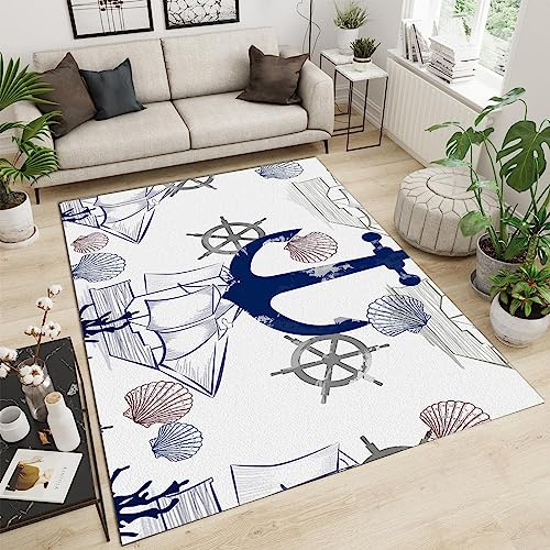 TEMLAN Marineblauer Seeanker Teppiche Gegend, Ozean-Seestern-Shell Kinderteppich für Drinnen und Draußen Terrasse Balkon Garten Wohnzimmer 80 x 150cm