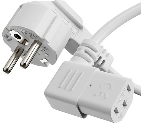 sonero Stromkabel Kaltgerätekabel 3 Polig, 10,0m, Schutzkontakt Stecker Netzstecker auf Kaltgerätekupplung C13 Buchse, 90° Winkel Netzkabel Netzteil Strom Kabel für Monitor PC Drucker, Weiß