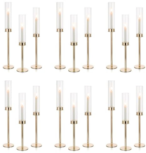 Nuptio Glaszylinder für Kerzen Kerzenhalter Gold: 60 & 55 & 50cm Groß Klarglas Metall Kerzenständer Stabkerzen Stabkerzenhalter Bodenlosen Zylinder Schatten Hochzeit Party Tisch Tafelaufsatz Dekor
