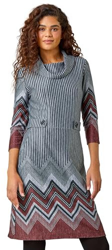 Roman Originals Cowl Neck Dress for Women UK - Ladies Button Detail Shift Work Office Autumn Winter Knee Length Casual 3/4 Full Length Sleeve Round High Warm Neckline - Dark Red Grey - Size 18