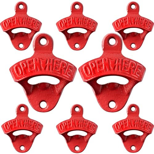 Jumiok Cast Iron Beer Bottle Opener Wall Mounted Red Open Here Bottle Cap Opener for Kitchen Patio (Pack of 8)