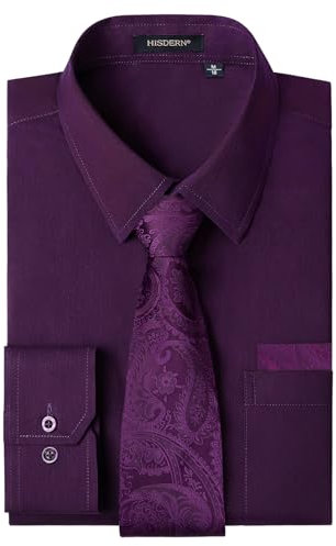 HISDERN Lila Hemd Herren Langarm Formelle Violett Hemd mit Krawatte Set Freizeithemden Männer Regular Fit 2XL