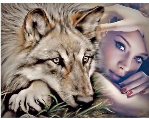 TDFERAN/50x40CM Peinture diamant 5D Femme et Loup à faire soi-même, point de croix strass à broder Femme Sauvage- Diamond Painting Carré Animaux Pour décoration murale/Cadeaux