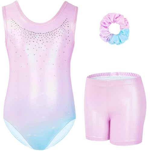 Gogokids Girls' Three-Piece Gymnastics Set, Sleeveless Leotards with Shorts and Hairband, Sparkling Ballet Dancing Unitards - Gymnastics Outfit with Gradient Color Design for 3-12 Years