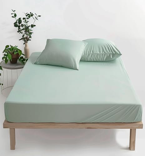 SALADHOUSE Spannbettlaken 140x200 Grün mit extra tiefen Taschen (bis 30cm) 360° Gummizug I Straffer Sitz ohne Verrutschen I Boxspring Spannbetttuch aus Ägyptischer Baumwolle Satin I ÖKO-TEX Bettlaken