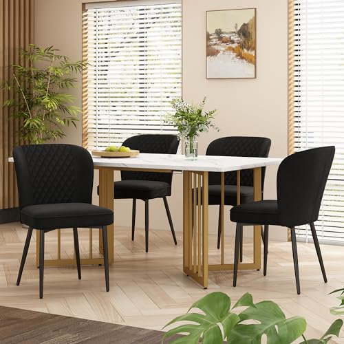 YESGIGA Essgruppe,Set,140×80×75cm Esstisch mit 4 Stühlen,Schwarz Samt Esszimmerstühle, Polsterstuhl Design Stuhl mit Rückenlehne,MDF Tischplatte in Weißer (V-förmig Golden Tischbeine)