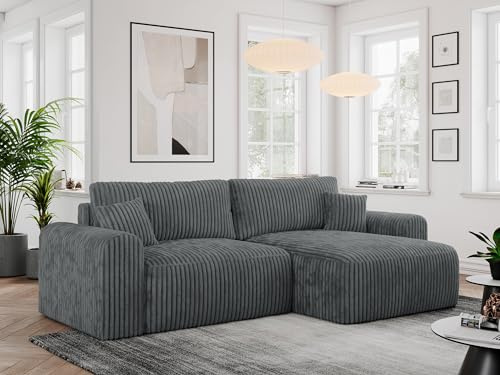 MKS MEBLE Ecksofa Nelson L-Form mit Schlaffunktion & Bettkasten, Schlafcouch 140x225 cm, Wellenfedernfür, Sofa für Wohnzimmer, Couch mit Schlaffunktion - Dunkelgrau Cord