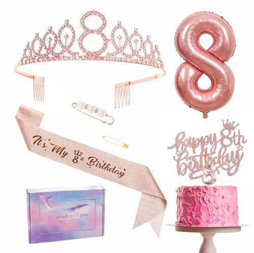 Rose Gold 8th Birthday Decorations for Girl - Sash, Tiara, Cake Topper, Balloon, Candle