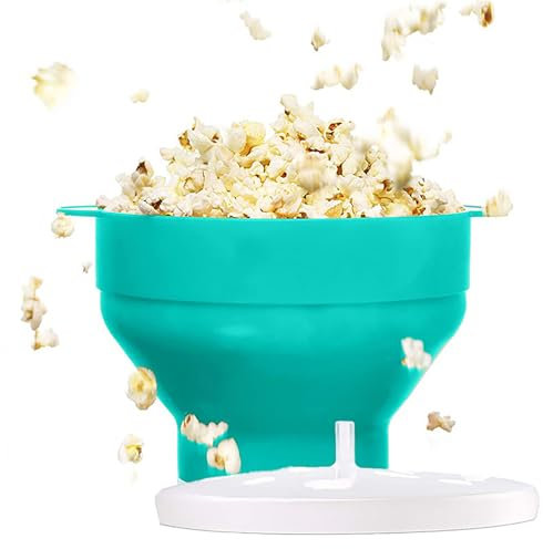 XIANTIAN Collapsible Silicone Microwave Hot Air Popcorn Popper Bowl，With Lid and Handles (Cyan)