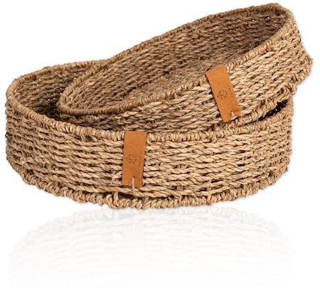 FRIHET rundes Tablett aus geflochtenem Seegras | leichtes Serviertablett mit stabilem Metalluntergestell im Boho Style | Scandi Deko | Obstschale klein und groß - auch im Set (28 + 32cm, 1, 2er Set)