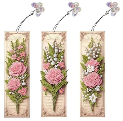 CXINLky Diamond Art Painting Lesezeichen, Diamant Malerei Lesezeichen mit Schmetterling Anhänger, 5D DIY Diamant Malerei Diamond Bookmark Set für Abschlussgeschenke-03-Rose
