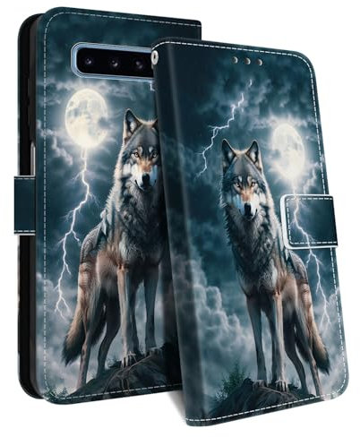 HopMore Handyhülle für Samsung Galaxy S10 Hülle, Premium PU Leder Klappbar Klapphülle Kartenfach Schutzhülle, Stoßfeste Case Tasche mit Motiv Handytasche für Samsung S10, Wolf A