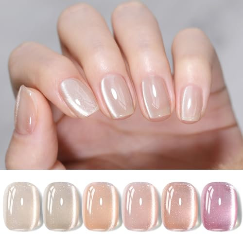 BORN PRETTY 6 Colors Jelly Nude Pink Cat Magnetic Eye Gel Polish Set with Magnet, Soak-Off U V/LED Iridescent Cat Gel for Nail Art Salon DIY Home