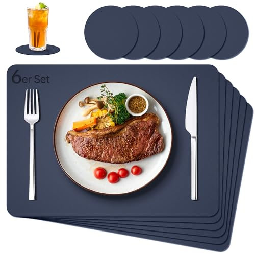 IKWOLETI Tischsets Abwaschbar mit Untersetzer - 6er Set Platzsets Abwaschbar aus Kunstleder - Doppelseitige Platzdeckchen in Lederoptik - Ideal für Küche und Büro Marineblau
